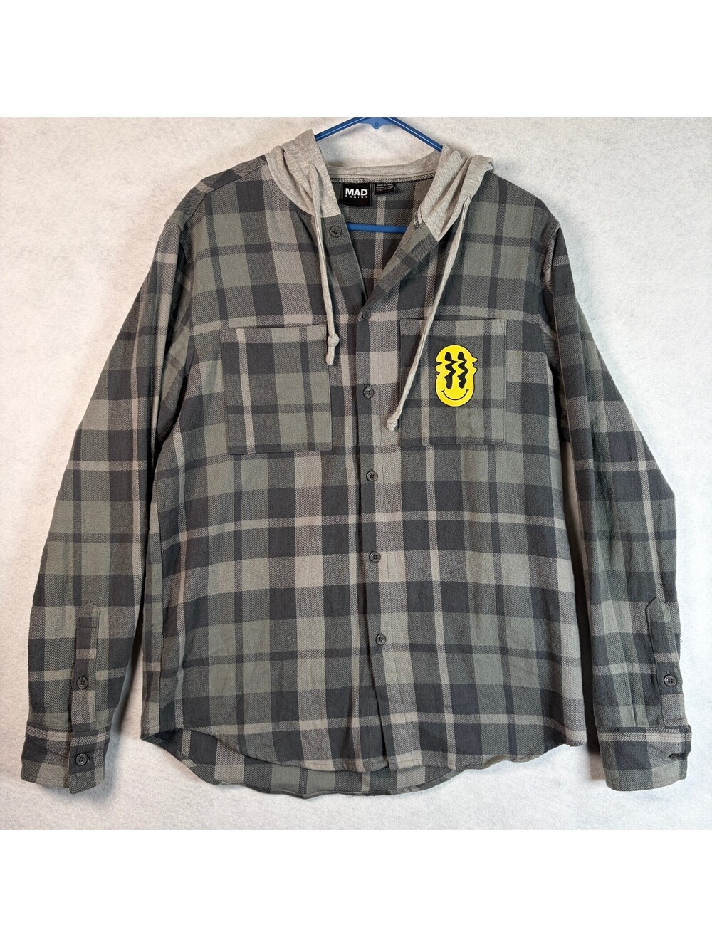MAD Engine Gray Plaid Hooded Button-Up Shirt with Yellow Smiley Graphic Medium